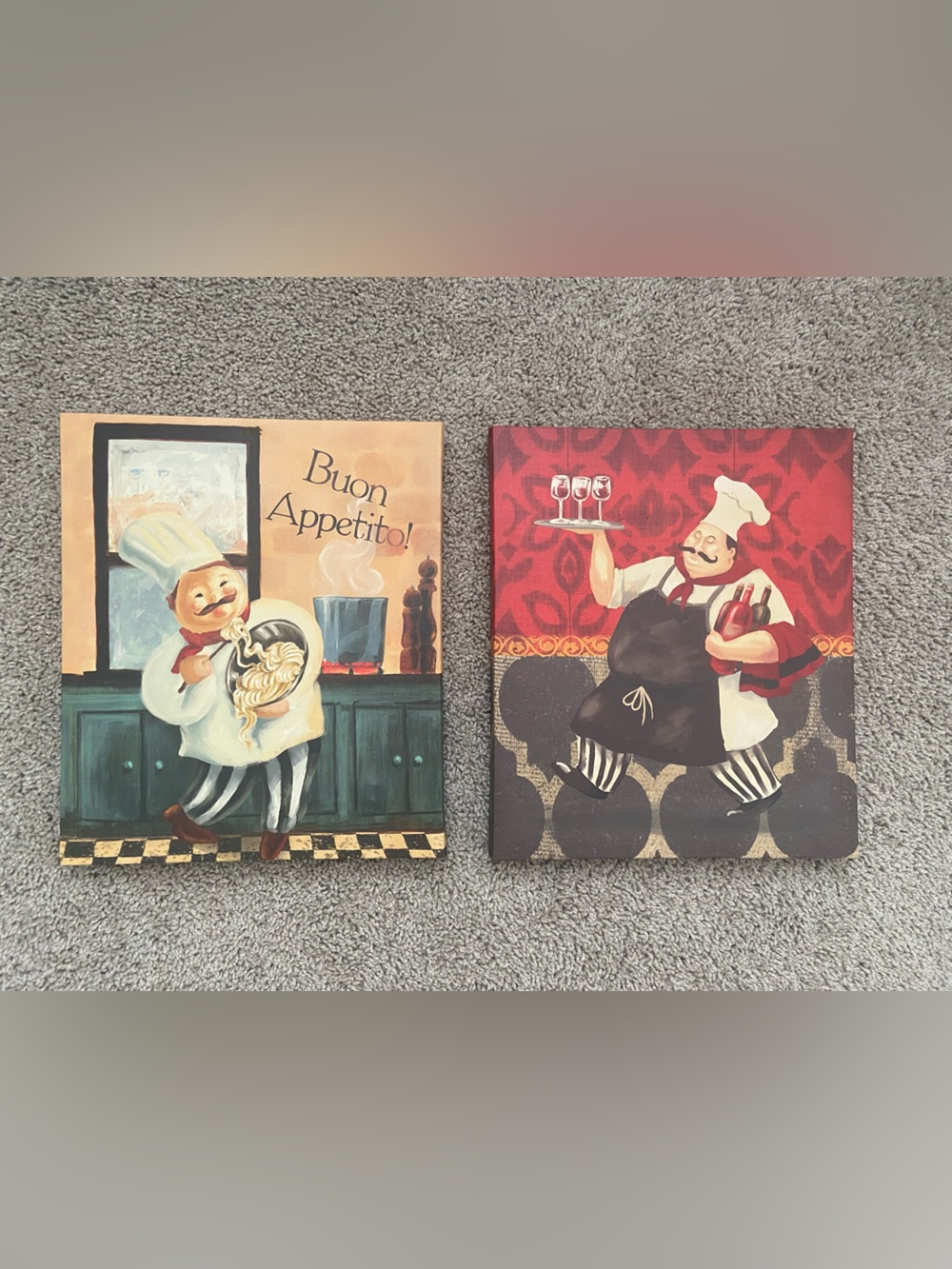 Set of 2 "Fat Chef" Canvas Wall Art - Buon Appetito & Wine Waiter